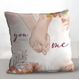 eCraftIndia White & Brown Couple Holding Hands Printed Square Pre-Filled Cushion-35