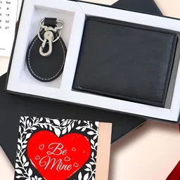 TIED RIBBONS Red & Black 3 Pieces Lather Wallet Keychain & Card Home Gift Set-85