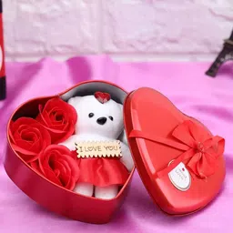 TIED RIBBONS Red & White Decorative Heart Shape Box With Teddy & Rose Gift Set-8