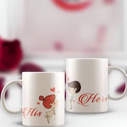 eCraftIndia White & Pink 2 Pieces "His - Her" Love Theme Printed Ceramic Coffee Mugs-56