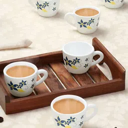 Larah by BOROSIL White & Blue 6 Pieces Printed Opalware Matte Cups 90 ml image 4