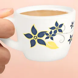 Larah by BOROSIL White & Blue 6 Pieces Printed Opalware Matte Cups 90 ml image 3