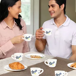 Larah by BOROSIL White & Blue 6 Pieces Printed Opalware Matte Cups 90 ml image 2