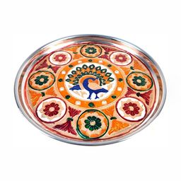 apka mart  Meenakari Yellow & Green Textured Pooja Thali Plate-image-39