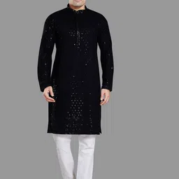 DIVISIVE Floral Embroidered Sequinned Mandarin Collar Straight Kurta with Pyjamas-image-70