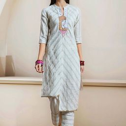 Ishin Striped Yoke Design Mandarin Collar Pure Cotton Straight Kurta With Trousers-35