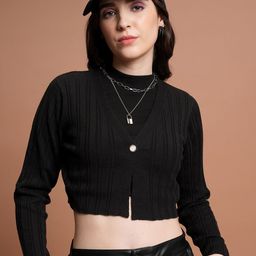 Tokyo Talkies Black Striped V-Neck Acrylic Crop Cardigan-image-19