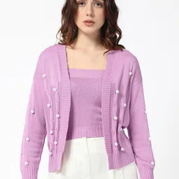 RAREISM Cable Knit Self Design Embellished Detailed Front-Open Sweater-5
