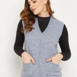 Zigo Women Blue Self Design Cable Knit Wool Cardigan Sweater-image-96