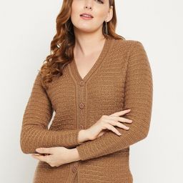 Zigo Women Camel Brown Self Design Cable Knit Wool Cardigan Sweater-image-83