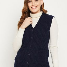 Zigo Women Navy Blue Self Design Cable Knit Wool Cardigan Sweater-image-8