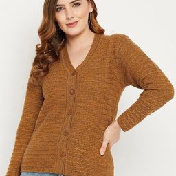Zigo Women Mustard Self Design Cable Knit Wool Cardigan Sweater-picture-17
