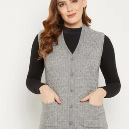 Zigo Women Grey Self Design Cable Knit Wool Cardigan Sweater-image-78