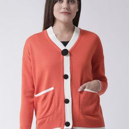 Club York Women Orange & White  Solid Cardigan Sweater-image-69