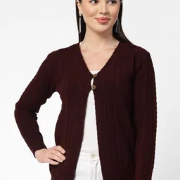 Kalt Cable Knit Self Design Acrylic Cardigan Sweater-14