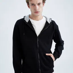 DeFacto Men Black Solid Hooded Cardigan-image-47
