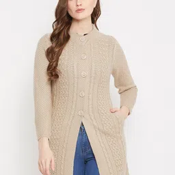 Zigo Women Beige Cable Knit Wool Longline Cardigan-picture-31