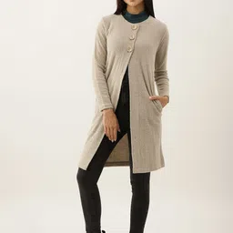 BROOWL Women Beige Self Design Striped Longline Woollen Cardigan-84