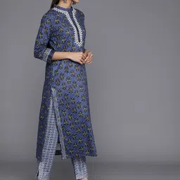 Varanga Women Floral Printed Mirror Work Pure Cotton Kurta With Trousers & With Dupatta image 5