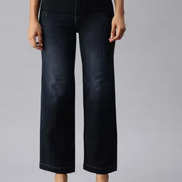 SHOWOFF Women Navy Blue Wide Leg High-Rise Light Fade Stretchable Denim Jeans-image-55