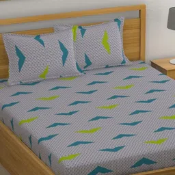 Huesland Grey & Green Printed 144 TC Fitted Cotton Double Queen Bedsheet Set-22