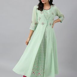 WISHFUL Women Green Floral Embroidered Panelled Kurta with Trousers-picture-37