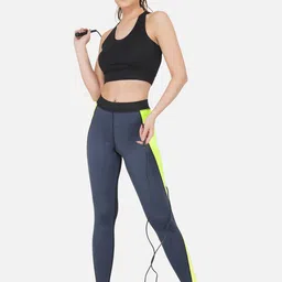 IMPERATIVE Women Grey & Fluorescent Green Colourblocked Dry-Fit Slim-Fit Tights-image-94