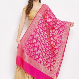 Clora Creation Magenta & Gold-Toned Ethnic Motifs Woven Design Net Dupatta with Zari image 1