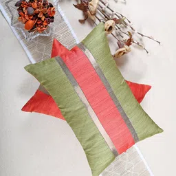 ANS Set Of 2 Green & Orange Woven Design Rectangle Cushion Cover-4