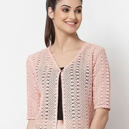 Style Quotient Women Peach-Coloured Self Design Button Shrug-51