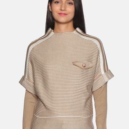 Campus Sutra Women Brown & White Cable Knit Printed Pullover-image-65