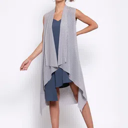 LELA Women Grey Self Design Open Front Longline Shrug-11