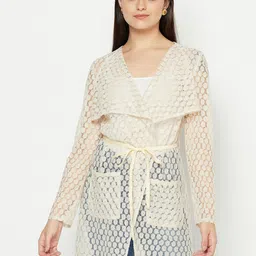 Owncraft Women Cream-Coloured Self-Design Sheer Overcoat-image-32