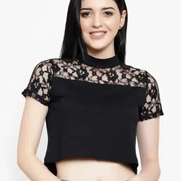 LE BOURGEOIS Women Black Self Design Crop Pure Cotton Top-image-30