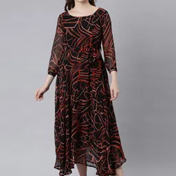 Souchii Abstract Printed Round Neck Fit & Flare Midi Ethnic Dresses-image-9