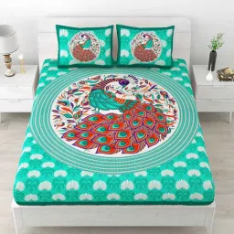 uniqchoice Turquoise Traditional 120 TC Cotton Queen Sized Bedsheet with 2 Pillow Cover-picture-45
