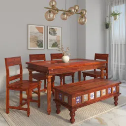 mudramark from pepperfry Siramika Sheesham Wood 6 Seater Dining Set In Honey Oak Finish With Bench-picture-8