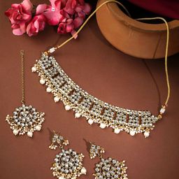 Yellow Chimes Gold-Plated Kundan Studded Jewellery Set-image-30