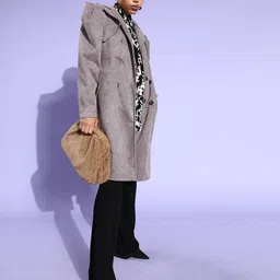 Athena Women Grey Solid Knee Length Suede Trench Coat-image-49