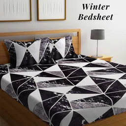 Arrabi Black Grey Geometric 210 TC King Woollen Bedsheet with 2 Pillow Covers-image-20