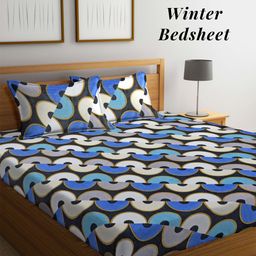 Arrabi Blue White Geometric 210 TC King Woollen Bedsheet with 2 Pillow Covers-image-80