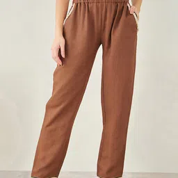 First Resort by Ramola Bachchan Lace Detail Mid-Rise Linen Trousers-image-89