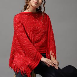 SHOWOFF Women Red & Blue Longline Poncho with Embellished Detail-picture-52