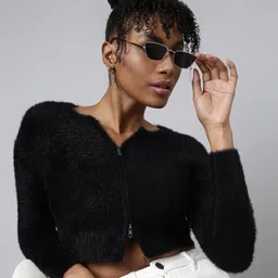 SHOWOFF Round Neck Long Sleeves Crop Cardigan with Fuzzy Detail-68