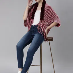 SHOWOFF Striped Front-Open Poncho With Fringed Detail image 2