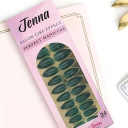JENNA 24 Pcs French Tip Almond Shape Press-On Acrylic Artificial Nails - Dark Green-18