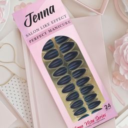 JENNA Set Of 24 French Tip Almond Shape Press On Nails - Dark Blue-13