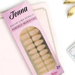 JENNA Set Of 24 French Tip Press On Acrylic Almond Shape Artificial Nails - Glitter Beige-12