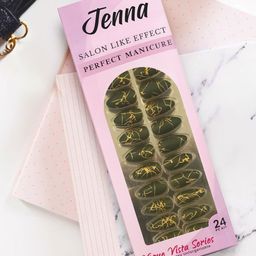 JENNA 24 Pcs French Tip Almond Shape Press-On Acrylic Artificial Nails - Dark Green-8