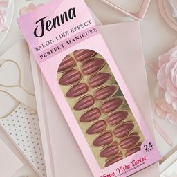 JENNA Set Of 24 French Tip Press On Acrylic Almond Shape Artificial Nails - Brown-16